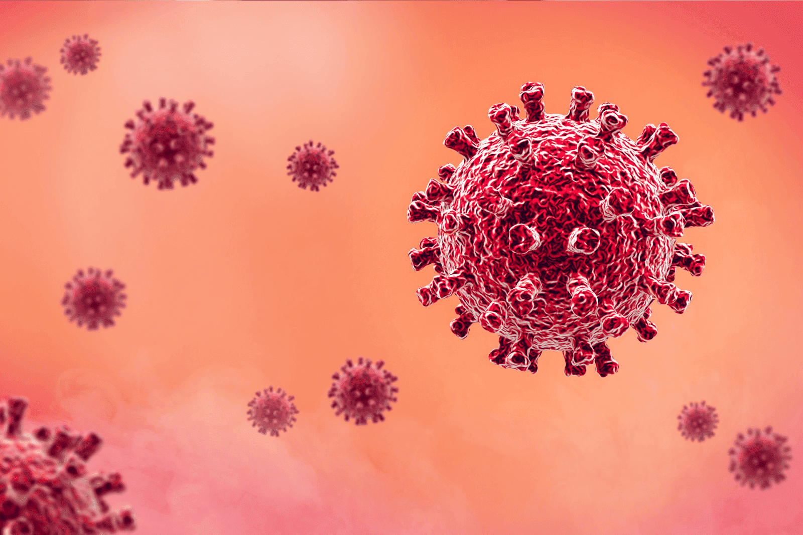 3D illustration of a red coronavirus particle with spike proteins on an orange background