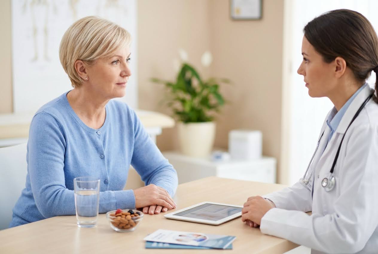 A blonde woman in a blue cardigan is talking to a female doctor in a white coat at a desk with a tablet and healthy snacks.