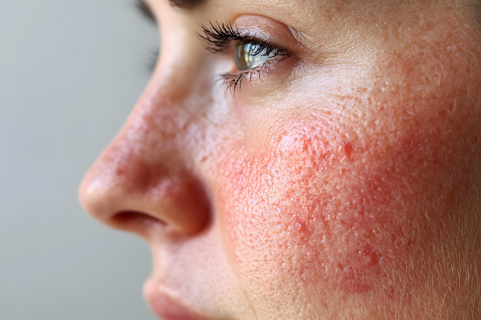 A close-up of a person’s cheek showing redness and inflammation consistent with rosacea.