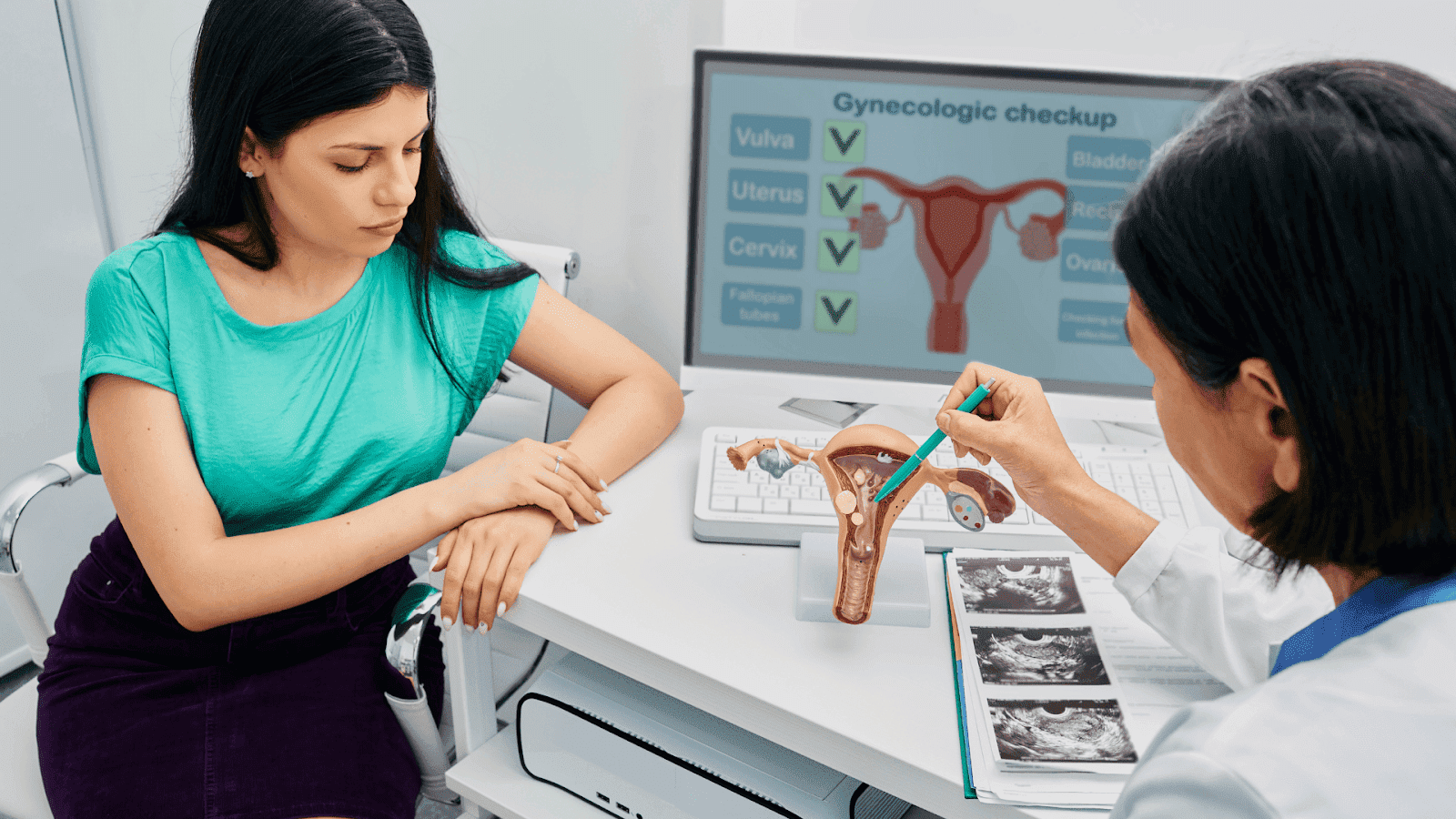 A doctor explains female reproductive anatomy to a young woman.