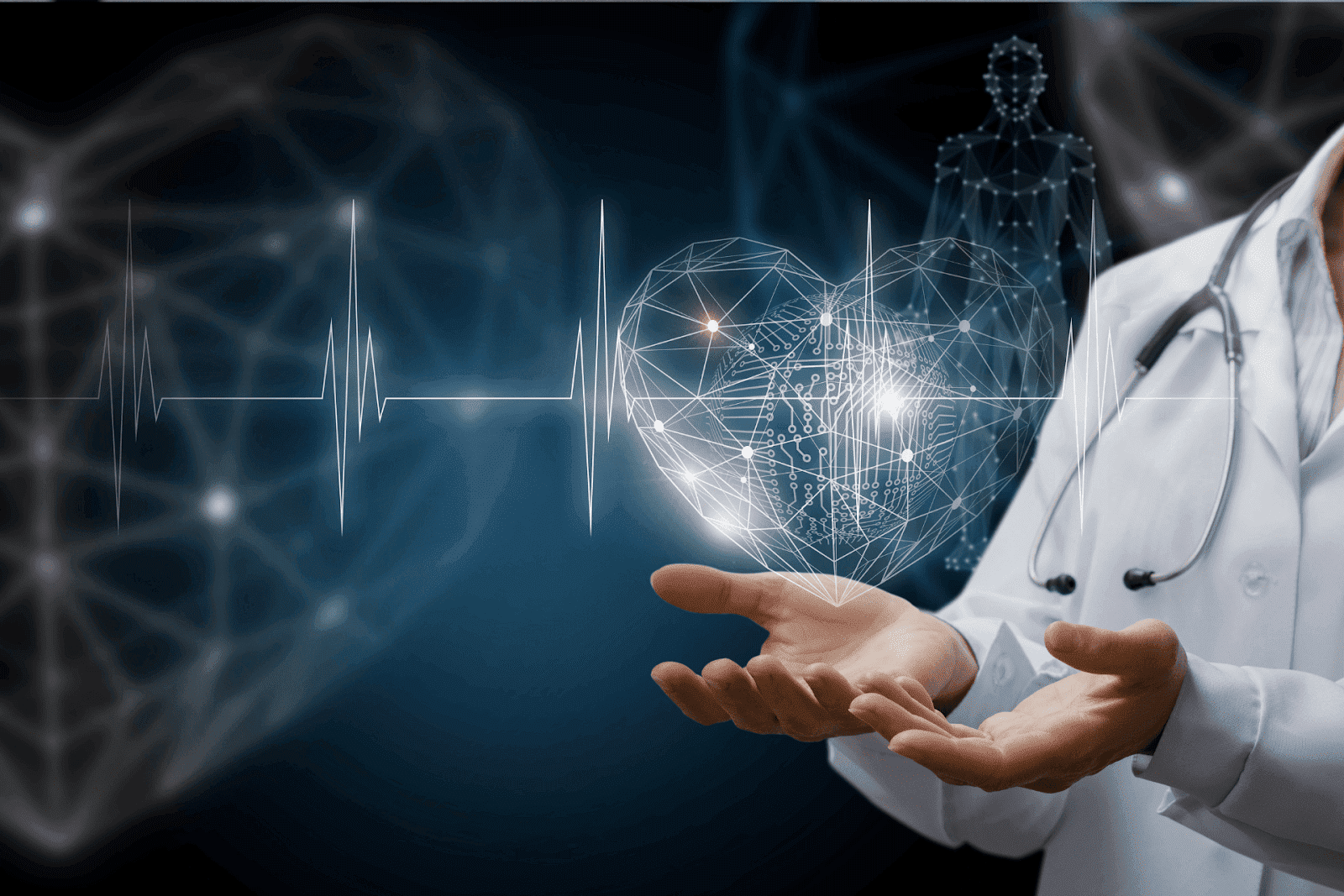 A doctor holds a glowing holographic heart with an ECG line, representing advanced cardiology and AI-driven heart care