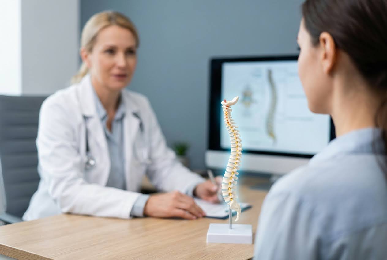 A doctor in a white coat talks to a patient, with a spine model and a computer screen showing a spine diagram in the foreground