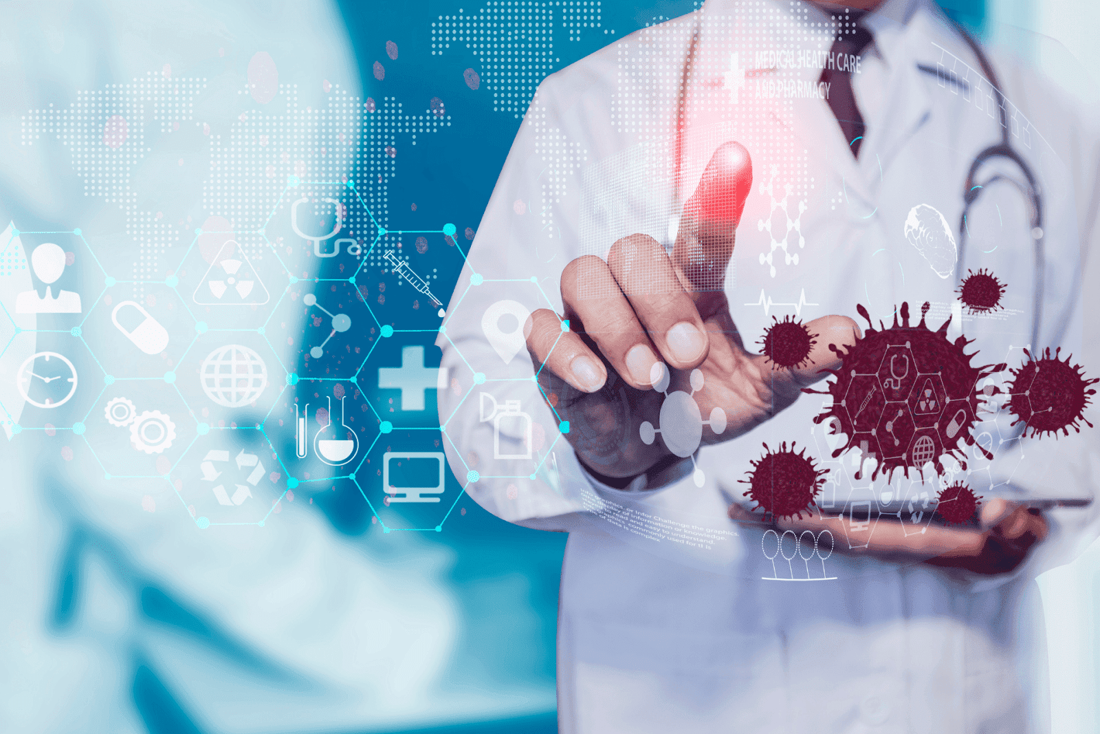 A doctor in a white coat touches a transparent screen displaying digital medical icons and large floating virus particles