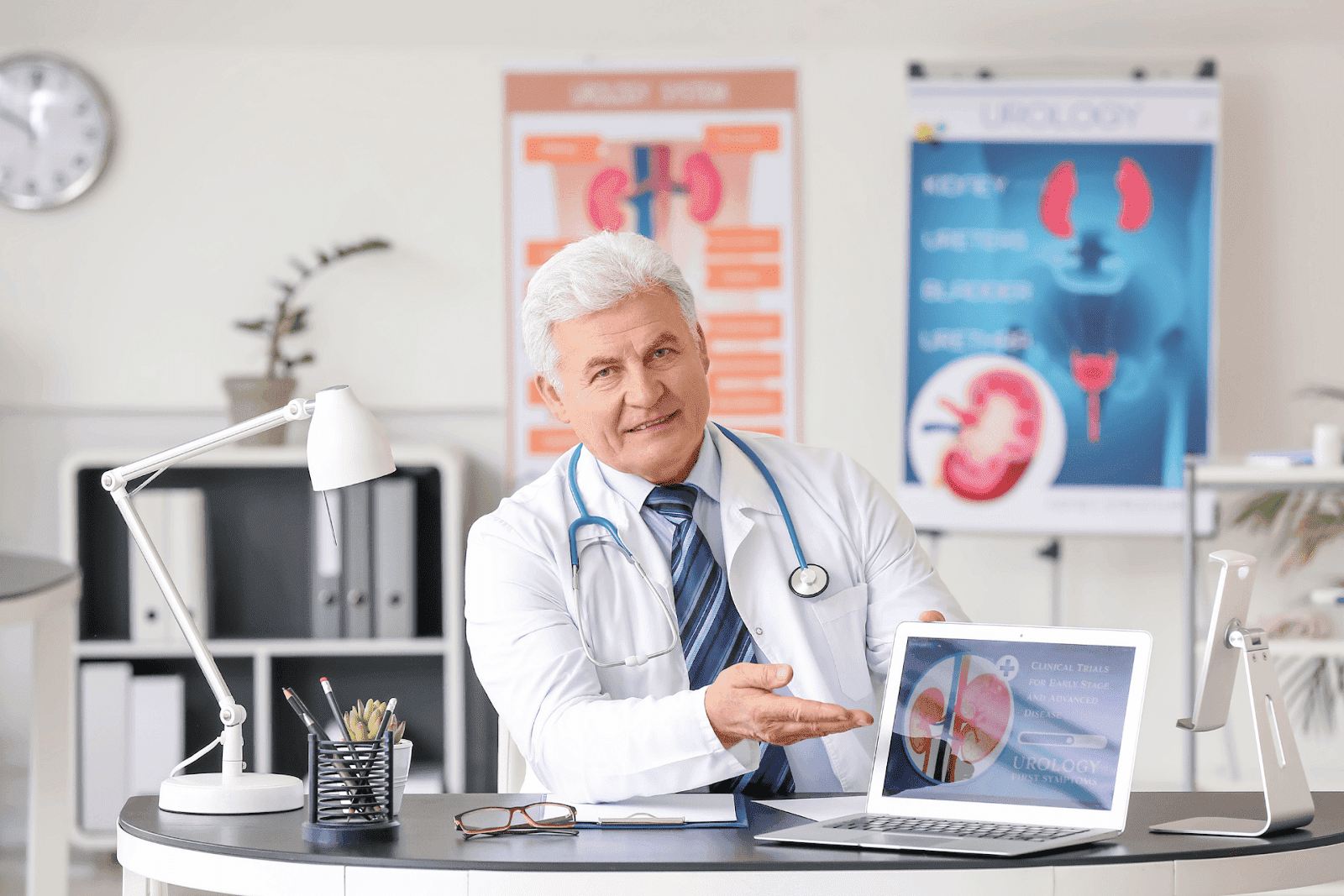 A doctor in an office points to a laptop screen displaying medical images of kidneys and urology-related graphics.