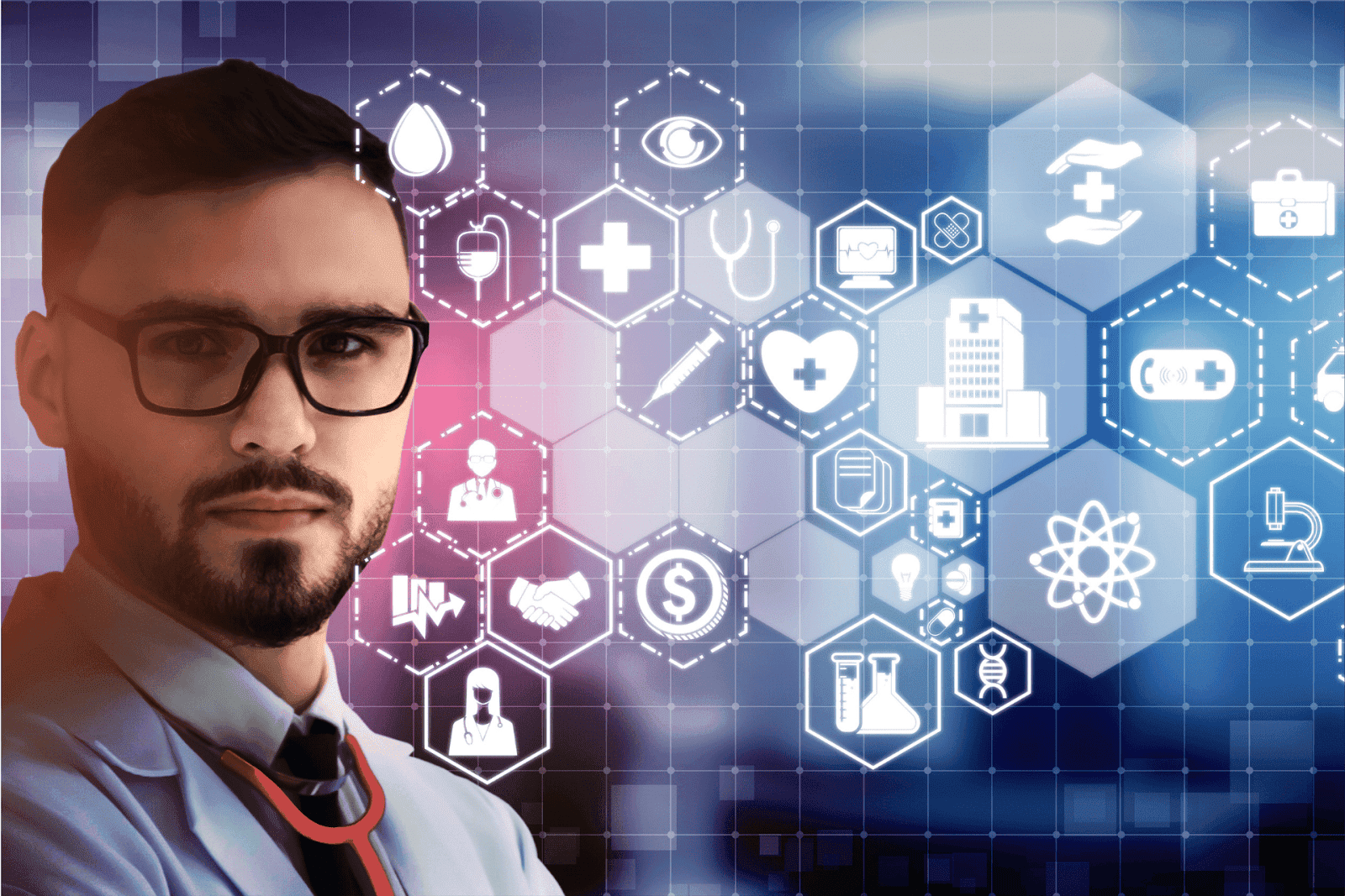 A doctor with medical icons floating around.