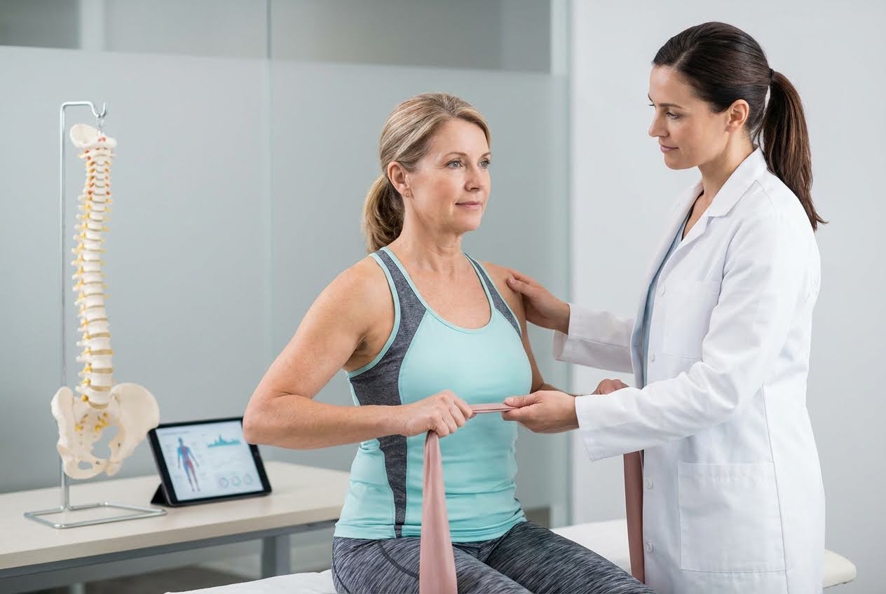 A female doctor in a white coat assists a woman in a teal tank top with resistance band exercises