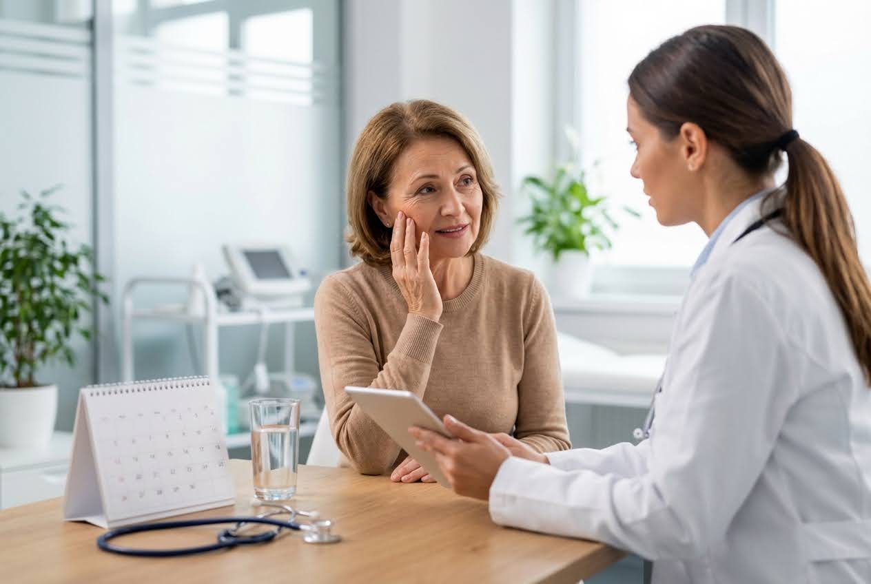 A female doctor in a white coat consults with an older woman, who touches her cheek, in a bright clinic.