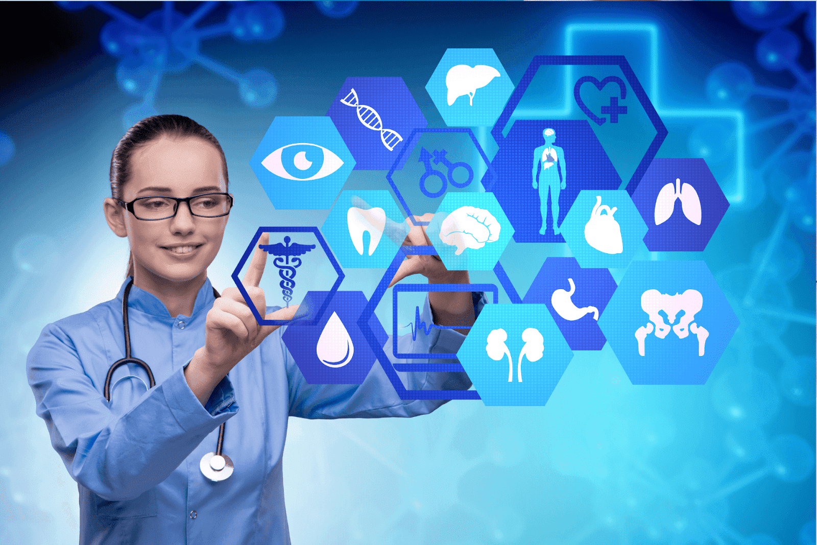 A female doctor interacts with a futuristic digital interface showing various medical icons