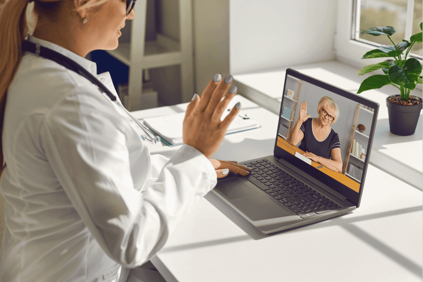 A female doctor is conducting a virtual consultation on her laptop with a woman