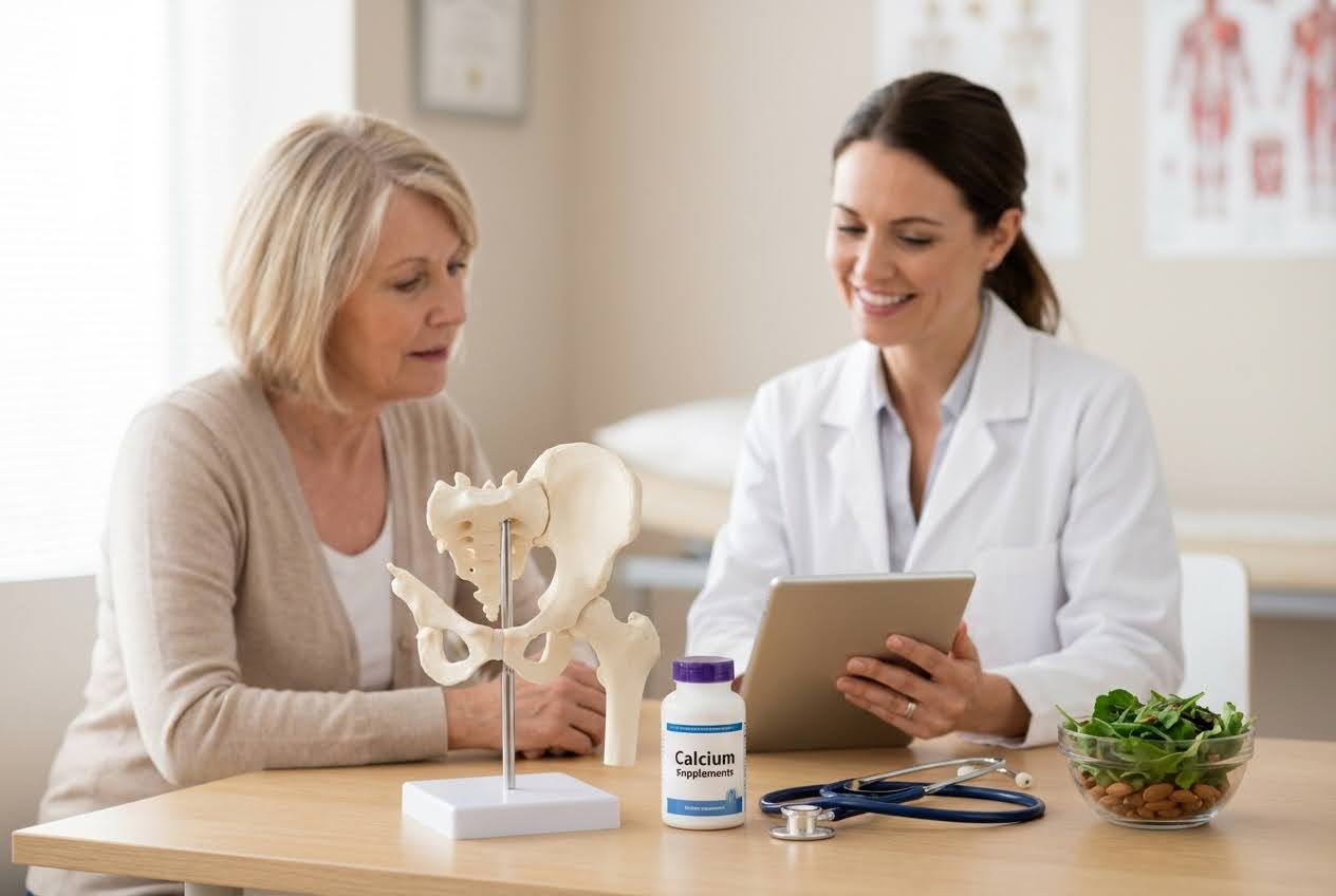 A female doctor with a tablet explains a bone model to an older woman, with calcium supplements and healthy food on the table.