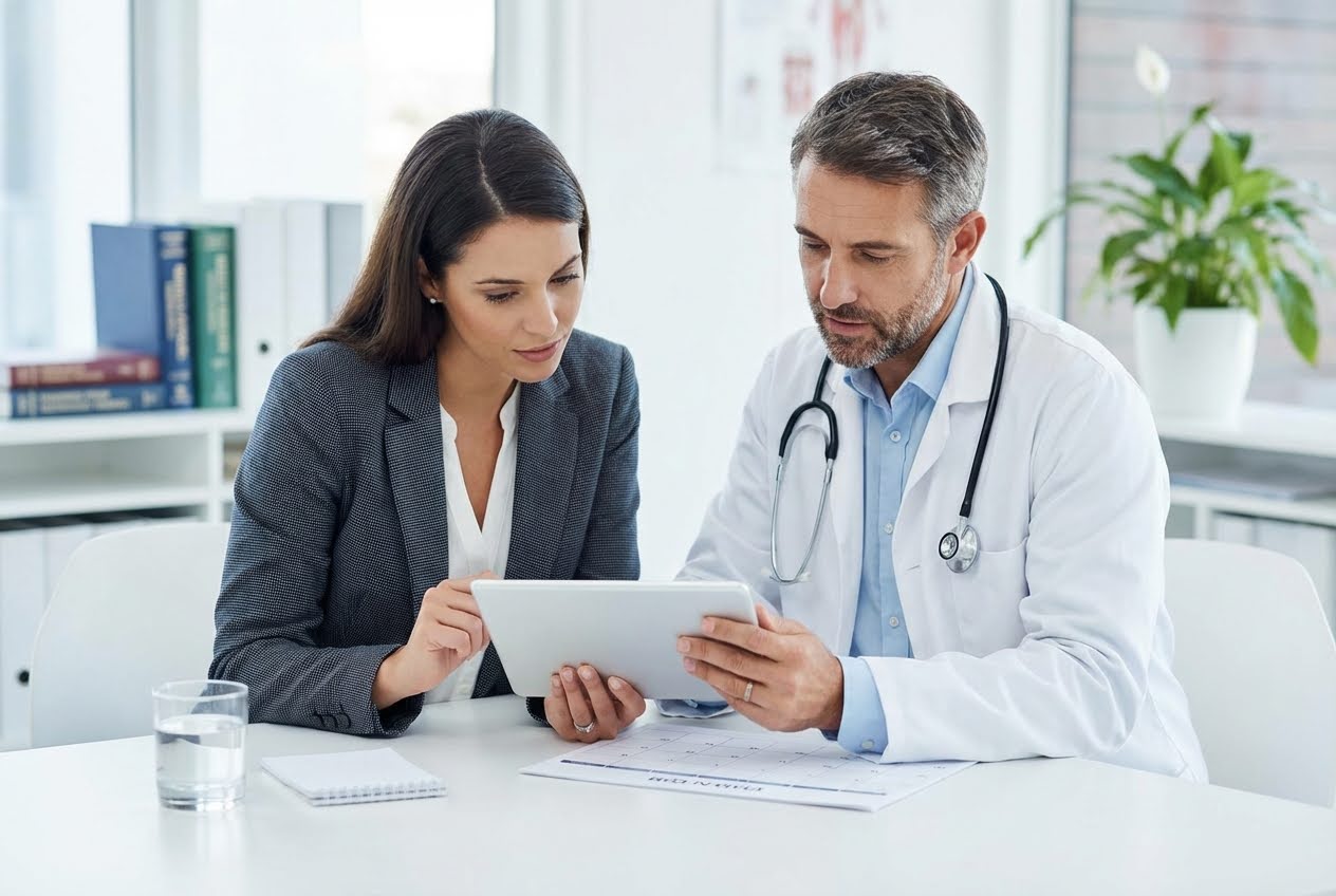 A female patient and a male doctor in a bright office review information on a tablet, with a calendar and a glass of water on the table.