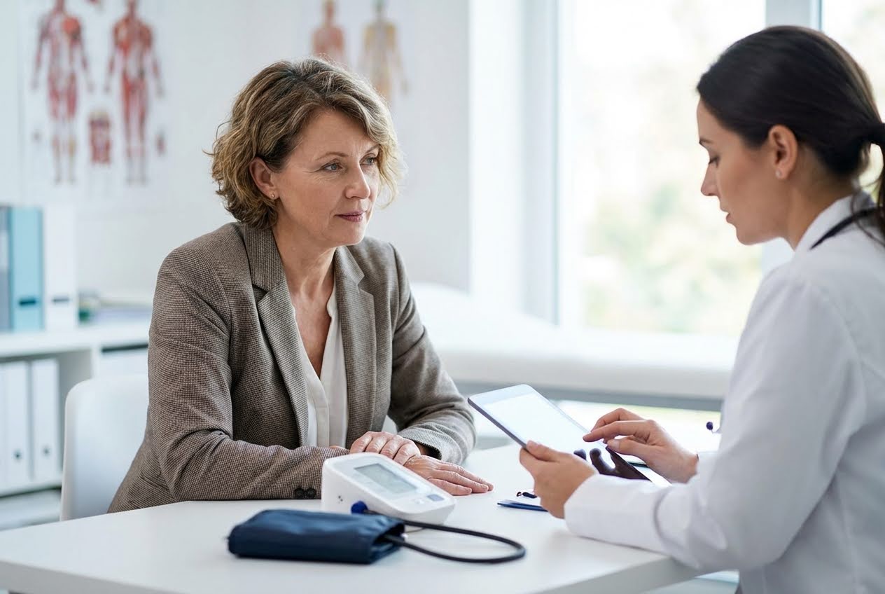 A female patient in a brown blazer sits across from a doctor in a white coat, with a blood pressure monitor on the table.