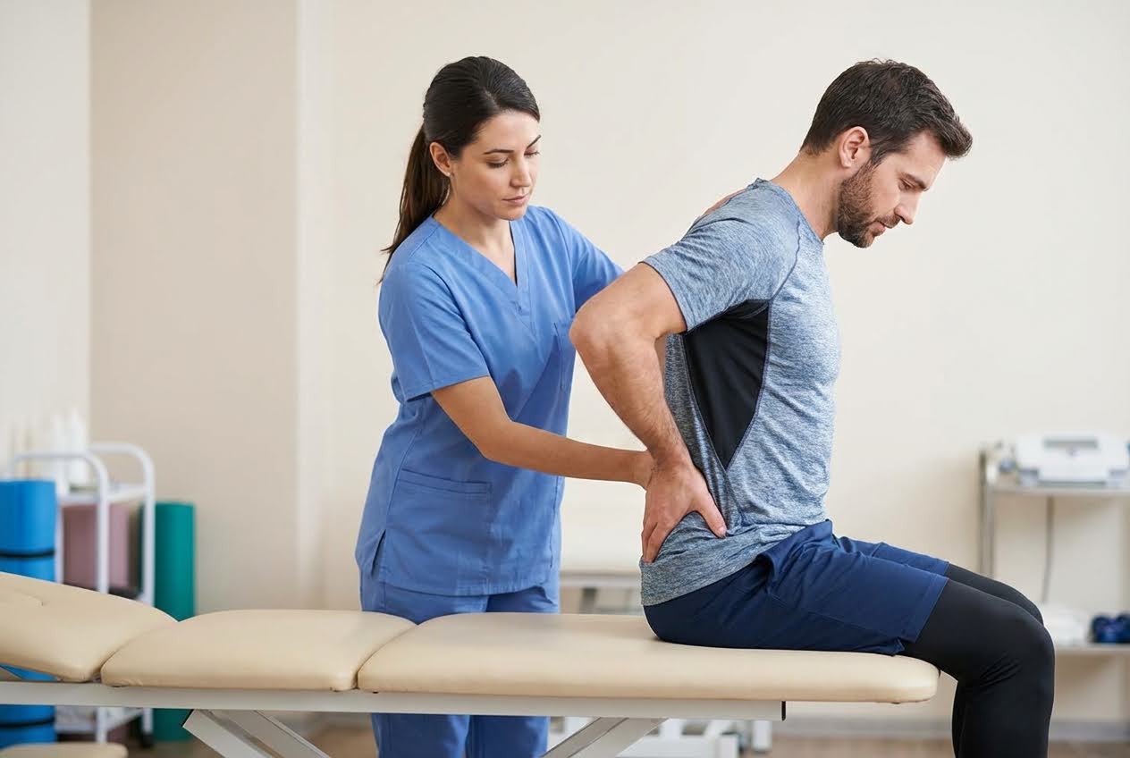 A female physical therapist in blue scrubs examines a male patient's lower back as he sits on an examination table.