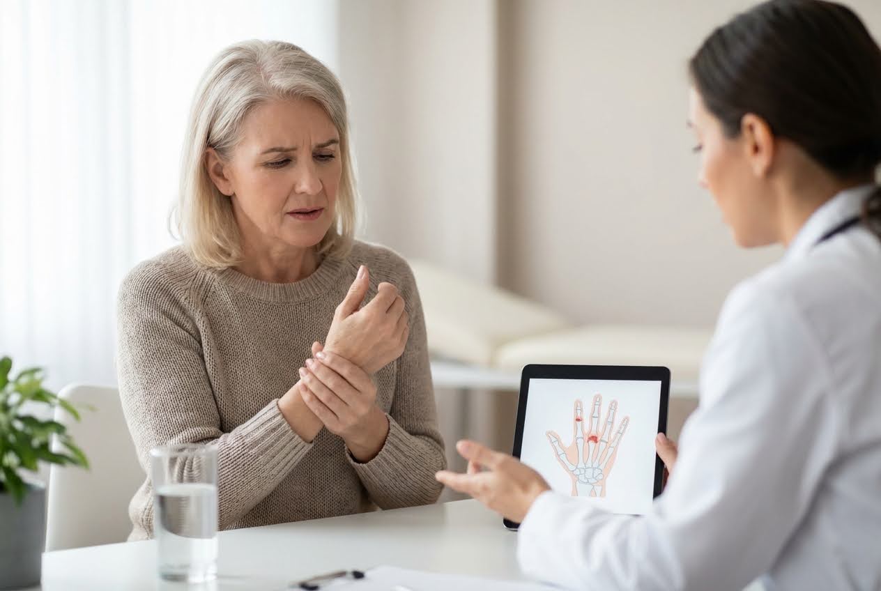 A gray-haired woman holds her wrist in pain while a doctor shows her a hand anatomy diagram on a tablet