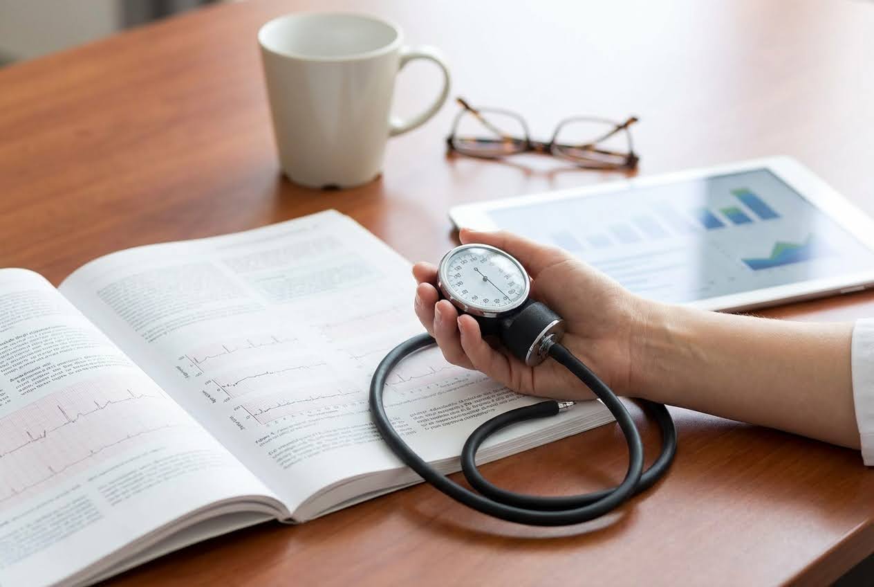 A hand holds a blood pressure monitor over an open medical book, with a mug, glasses, and a tablet on a wooden desk.