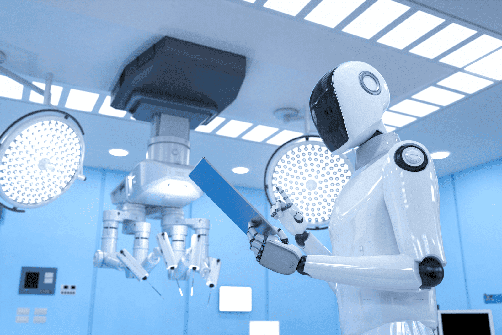 A humanoid robot, standing in a high-tech surgical operating room, holds a clipboard