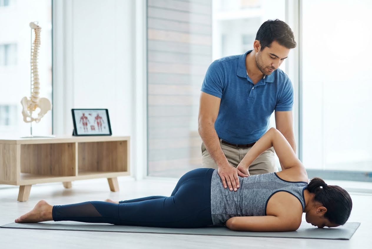 A male chiropractor gently presses on a woman's lower back as she lies face down on a yoga mat.