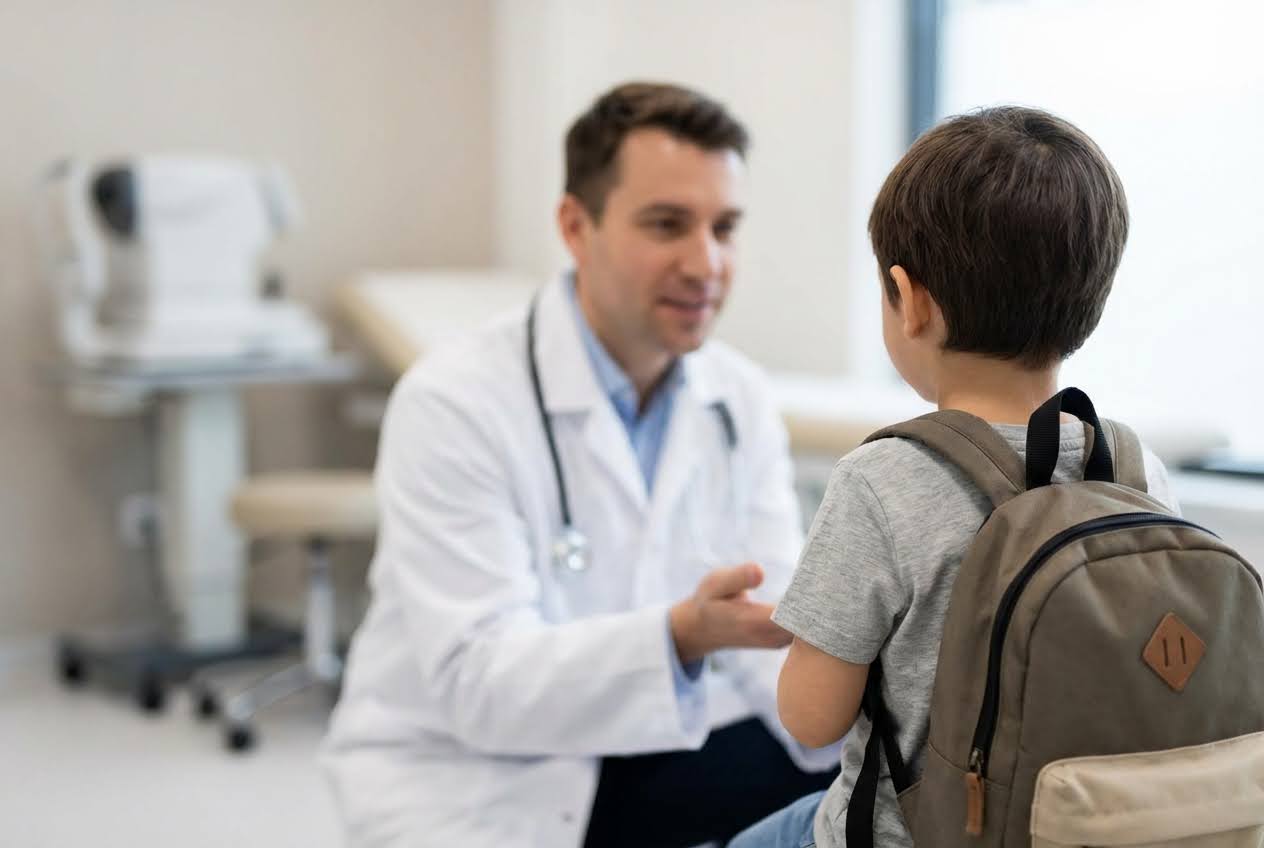A male doctor in a white coat talking to a young boy with a backpack, seen from behind, in a medical office.