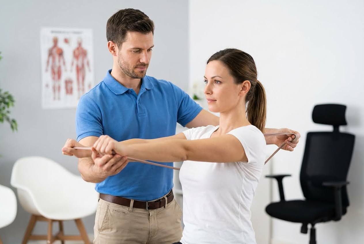 A male physical therapist guides a woman using a resistance band for shoulder exercises in a bright room