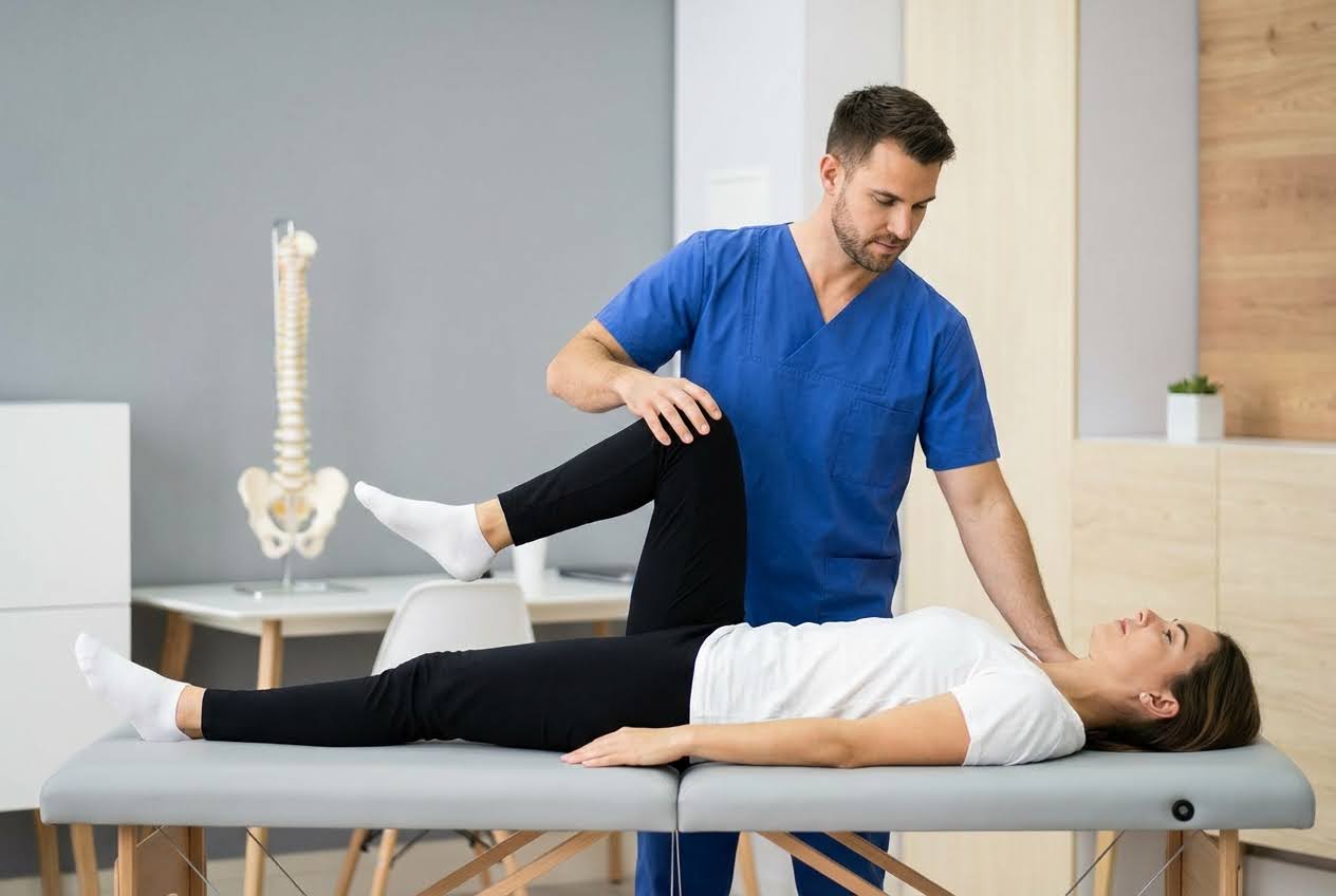 A male physical therapist in blue scrubs stretches a woman's leg on a treatment table, with a spine model in the background