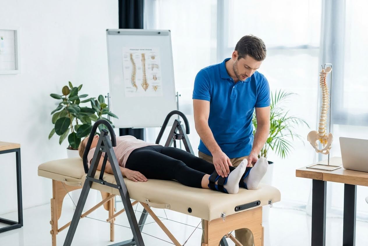A man in a blue shirt adjusts ankle straps on a woman lying on an inversion table in a bright clinic