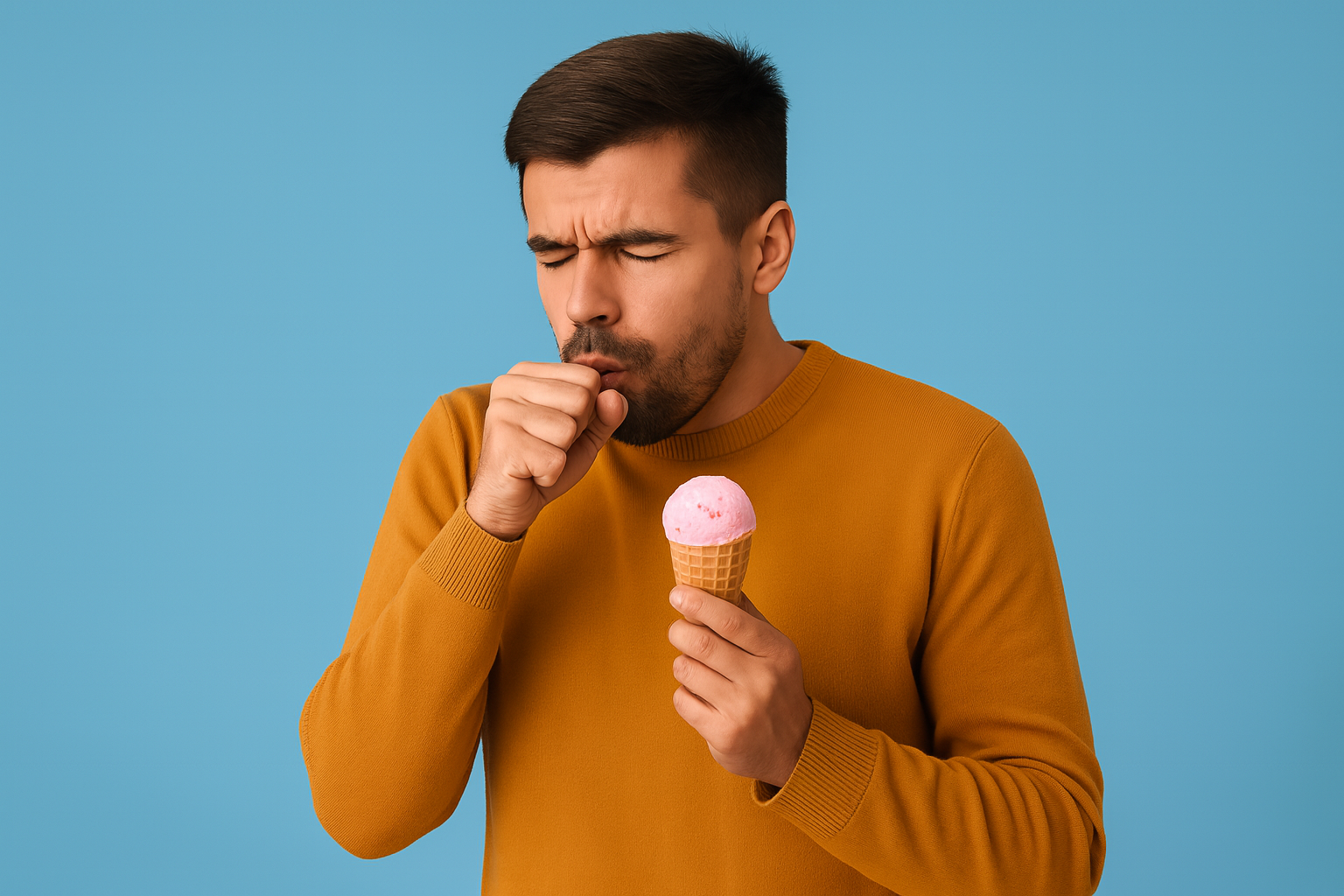 A man in a mustard sweater coughs into his fist while holding an ice cream cone.