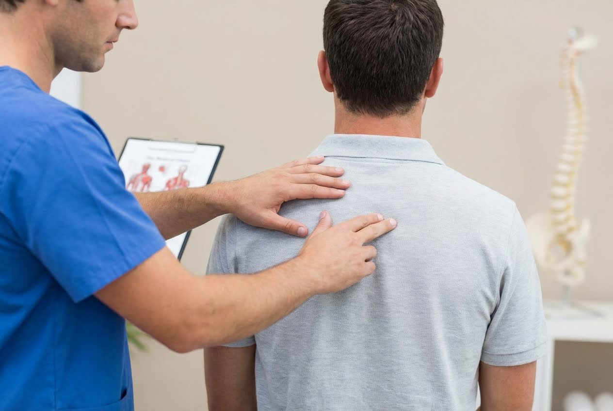 A medical professional in blue scrubs examining a patient's upper back, with a skeletal spine model in the background.
