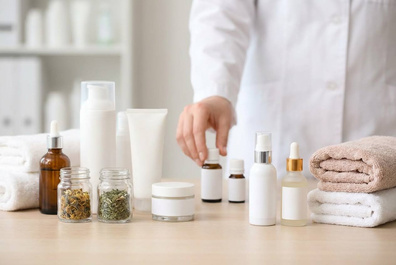 A person in a white lab coat is arranging various white bottles, jars of dried herbs, and folded towels on a light wooden surface.