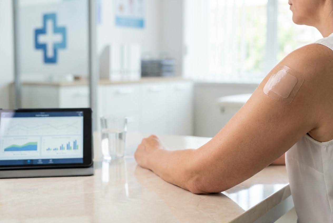 A person's arm with a square, clear medical patch on the shoulder, in a bright, modern clinic setting.