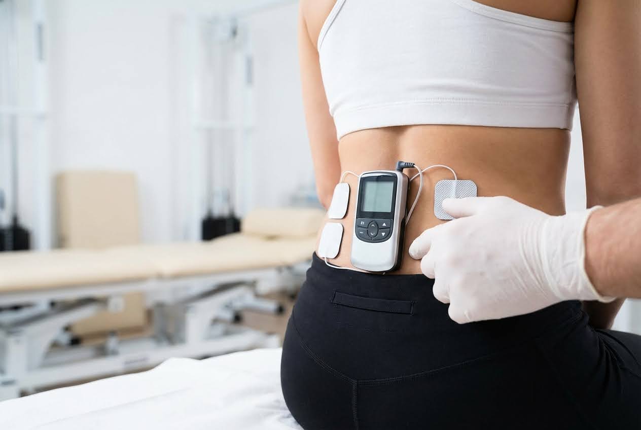 A person's lower back with a TENS unit and electrodes, while a gloved hand adjusts an electrode