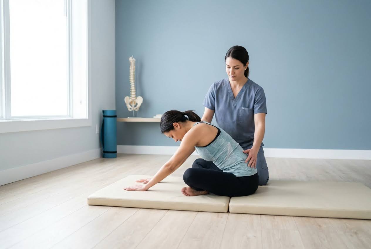 A physical therapist guides a woman in a child's pose stretch on mats, with a spine model in the background.