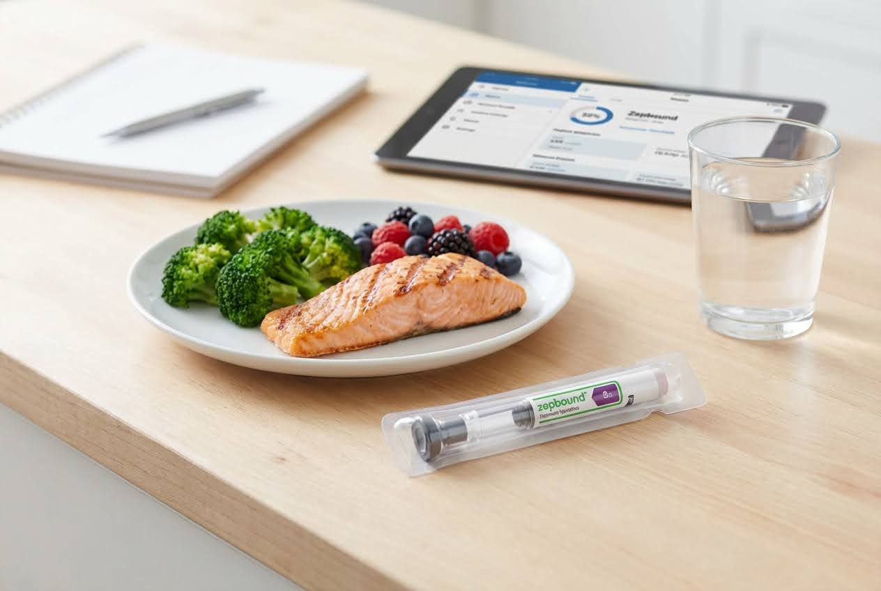 A plate of salmon, broccoli, and berries with a Zepbound pen, water, tablet, and notebook on a light wood table