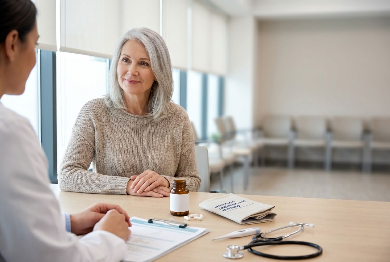 A smiling older woman with gray hair consulting a doctor, with medication and medical tools on the table.