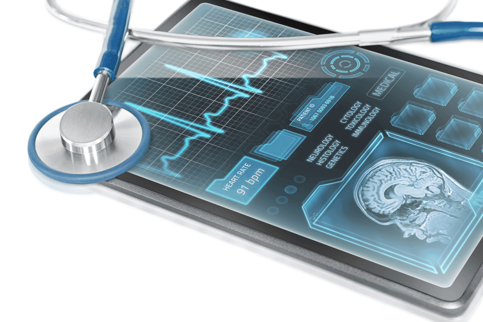 A tablet showing medical data with a stethoscope on top