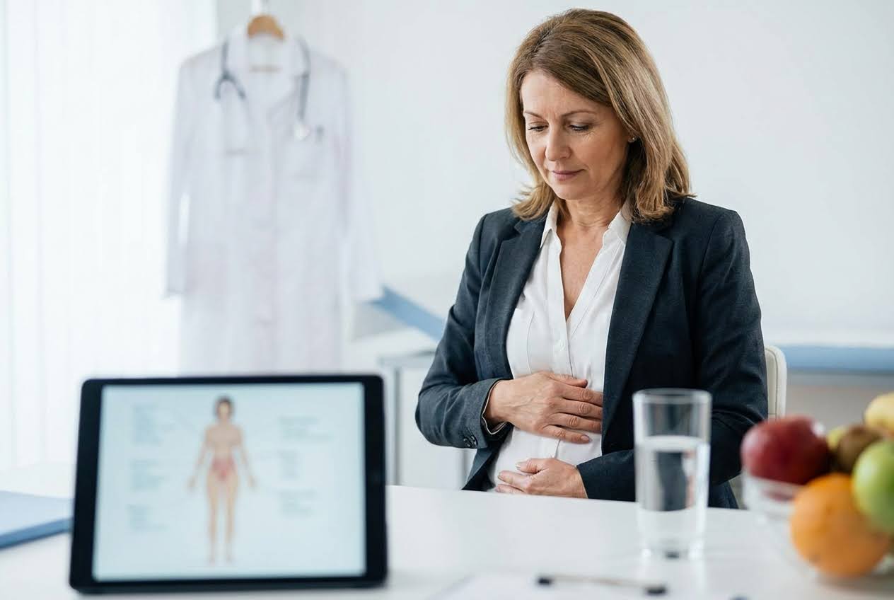 A woman in a doctor's office holds her abdomen, looking down, with a tablet showing a human anatomy diagram in the foreground.