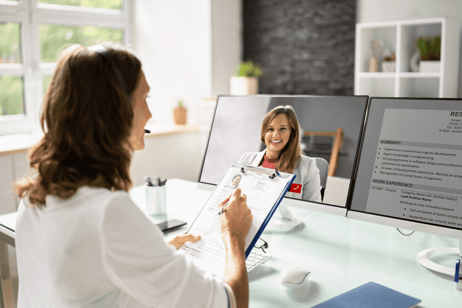 A woman in a video call smiles while another person reviews her resume on a clipboard and screen.