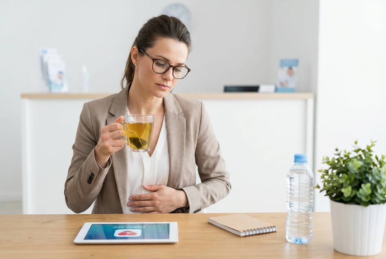 A woman in glasses holding a cup of tea, hand on her stomach, with a tablet displaying a health app on a wooden desk.