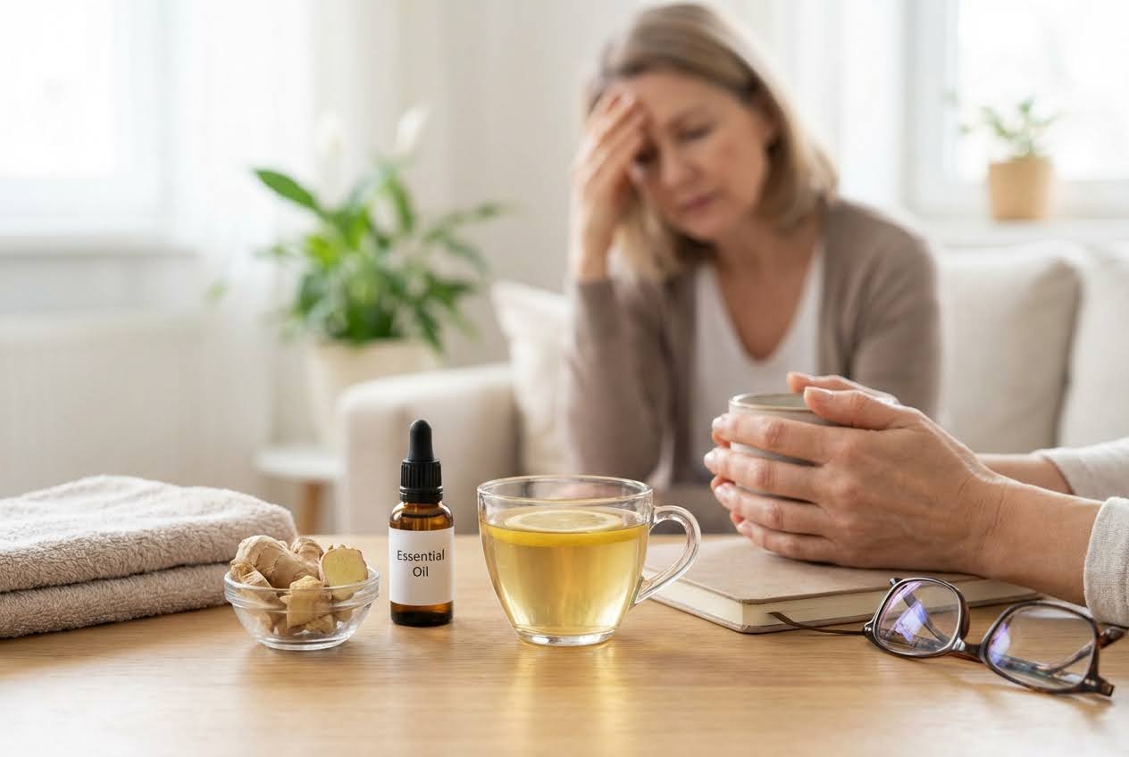 A woman with a headache in the background, with ginger, essential oil, and lemon tea on a table in the foreground.
