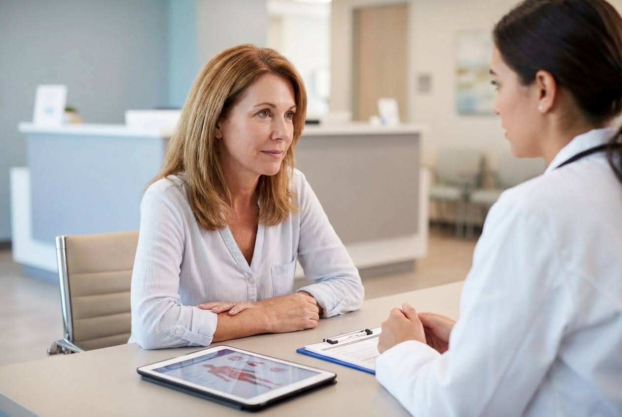 A woman with brown hair listens to a doctor in a white coat at a desk with a tablet and a clipboard.