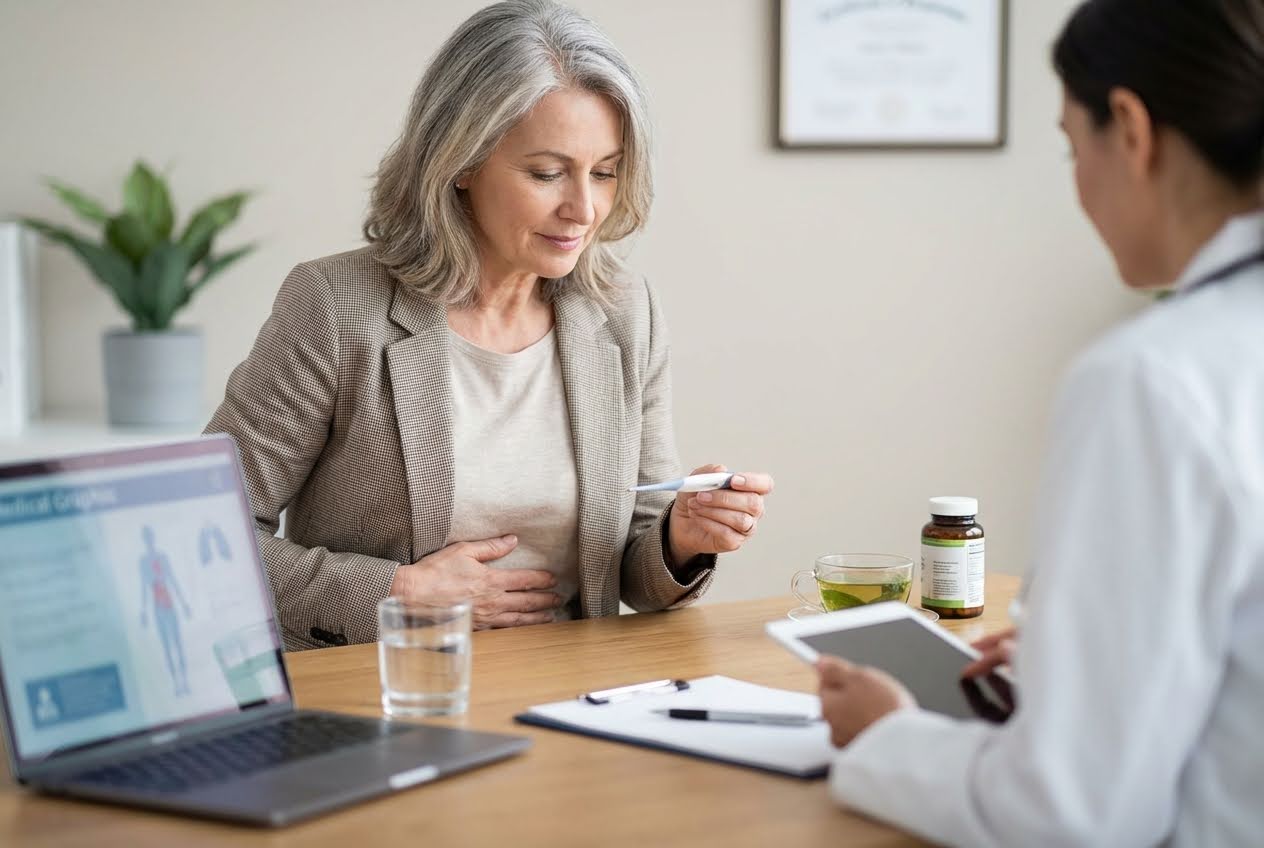 A woman with gray hair holds a thermometer and her stomach while talking to a doctor.