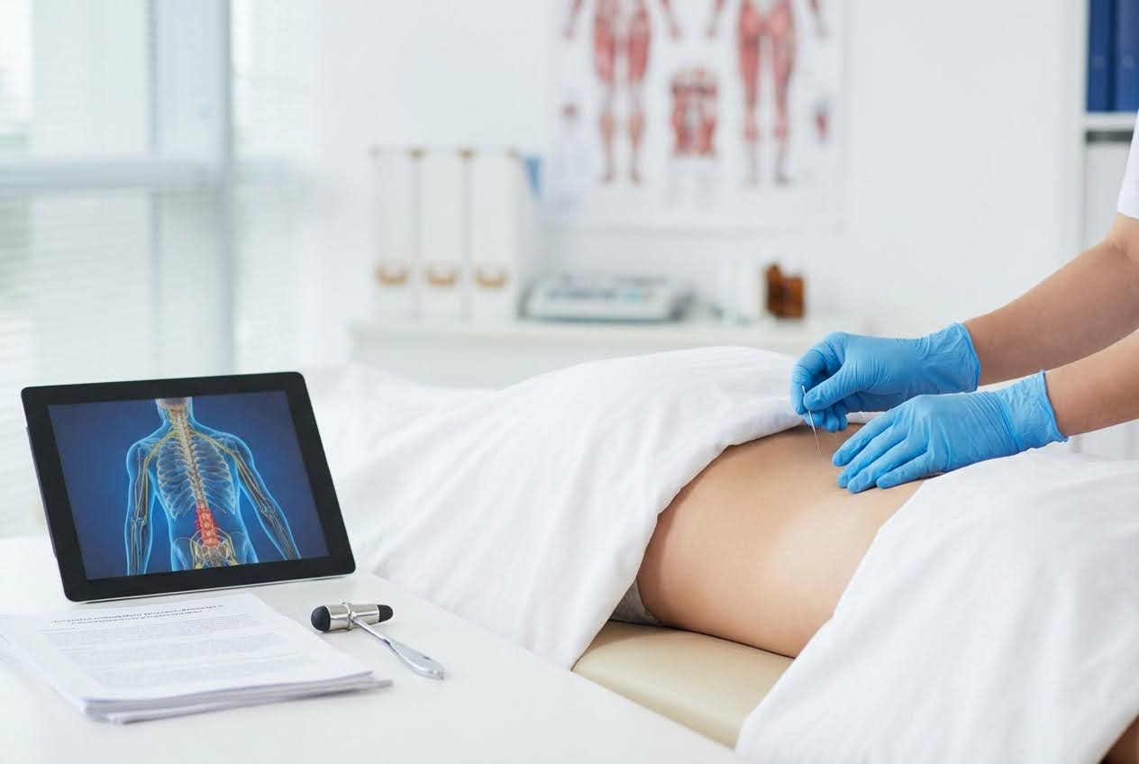 Acupuncturist in blue gloves inserting needles into a patient's lower back, with a tablet showing a spine diagram nearby