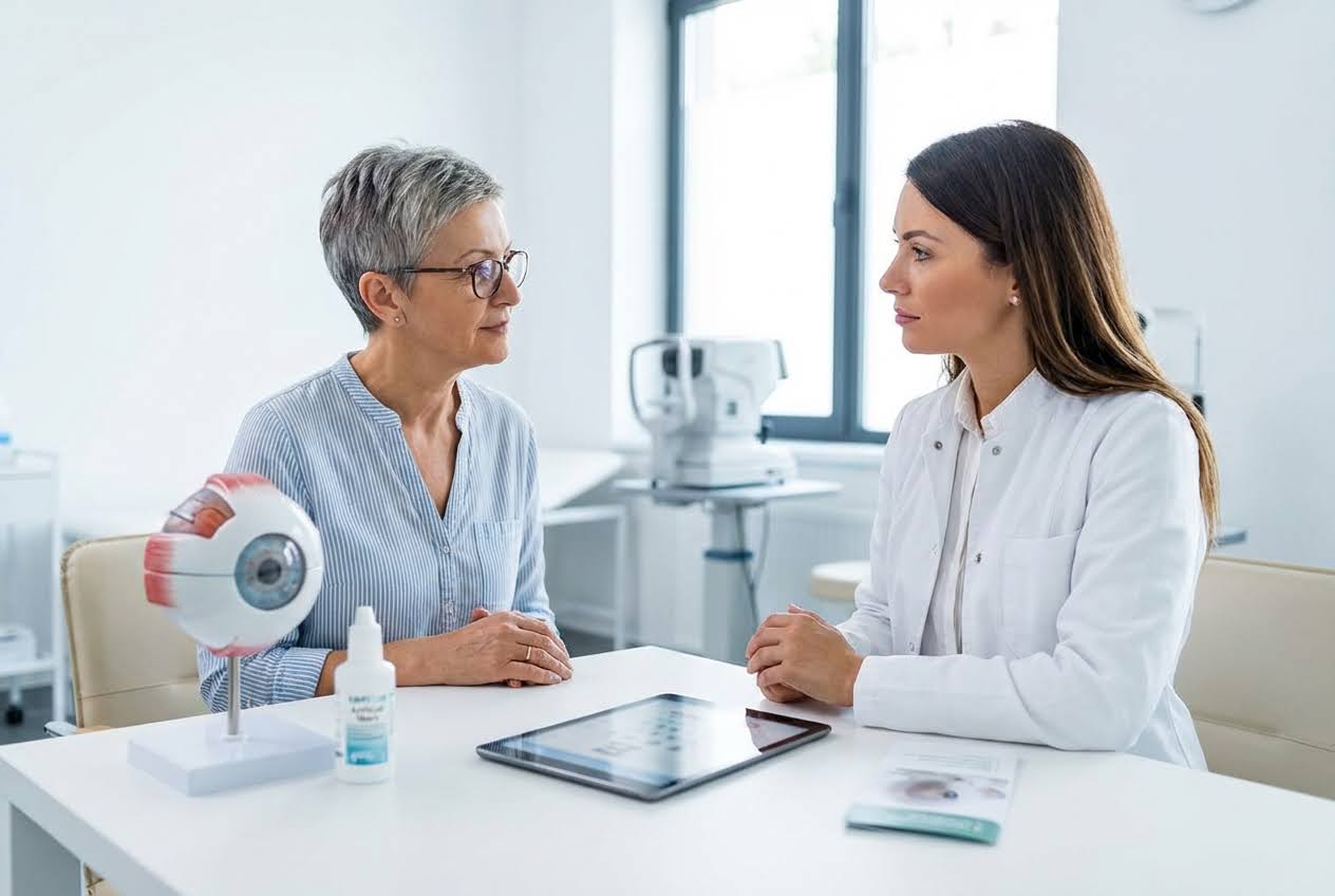 An optometrist in a white coat consults with a female patient, with an eye model and eye drops on the table.