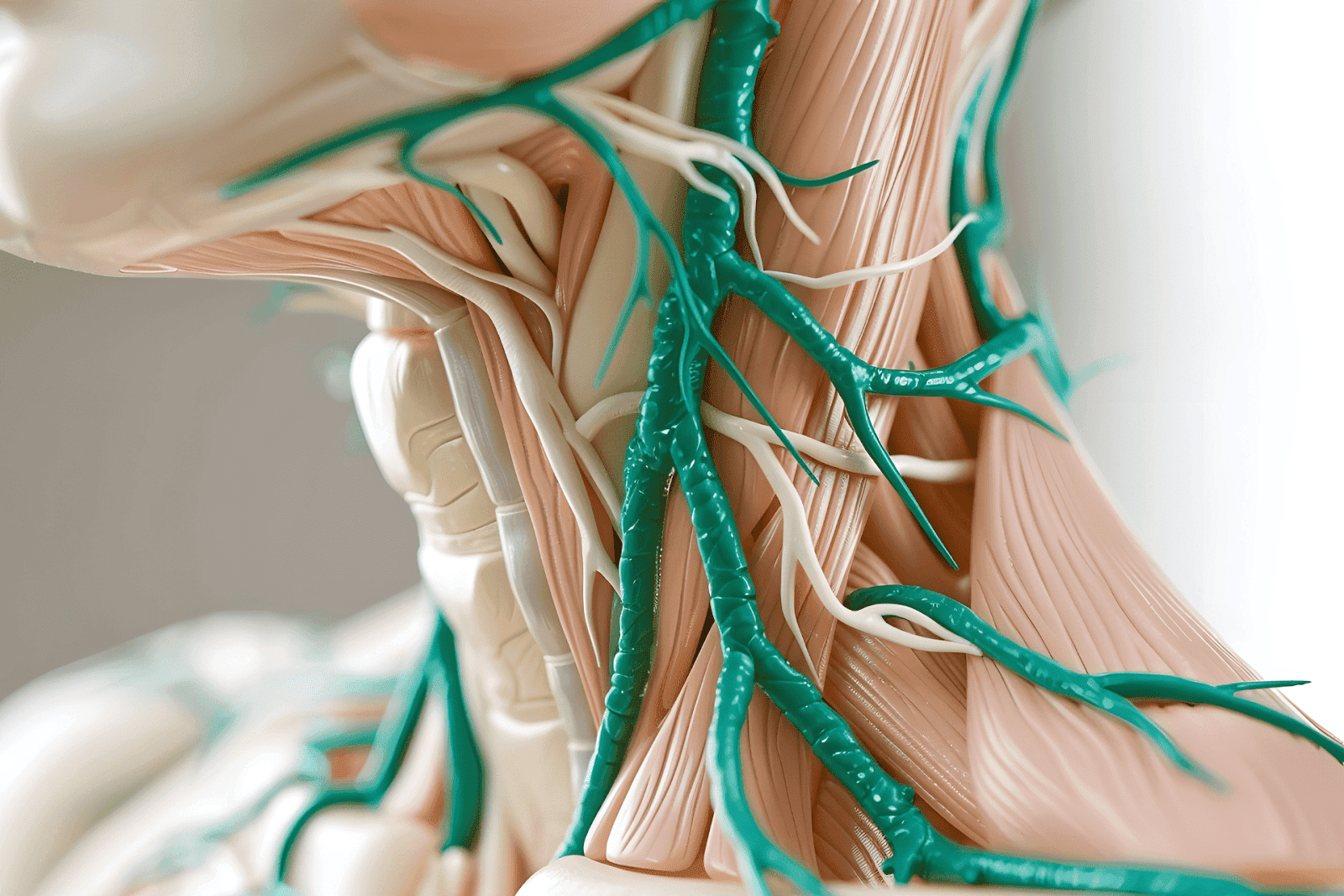 Anatomical model of the neck showing lymph nodes, veins, and muscles.