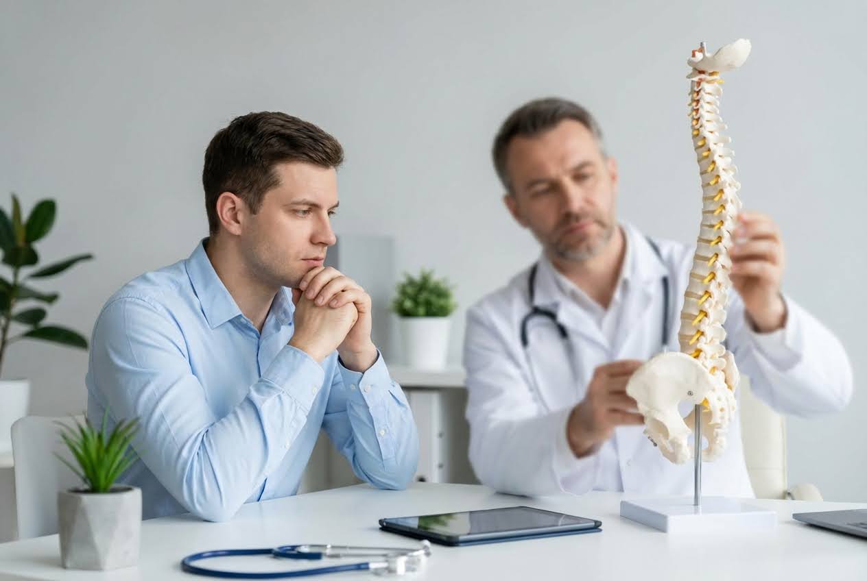 An anxious man in a blue shirt listens to a doctor explain a spine model in a bright office.