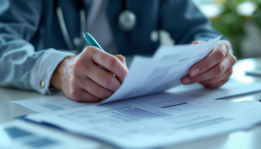 Doctor writing on papers