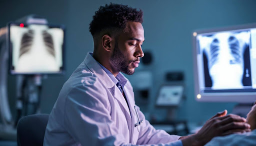 Male doctor reviewing documentation