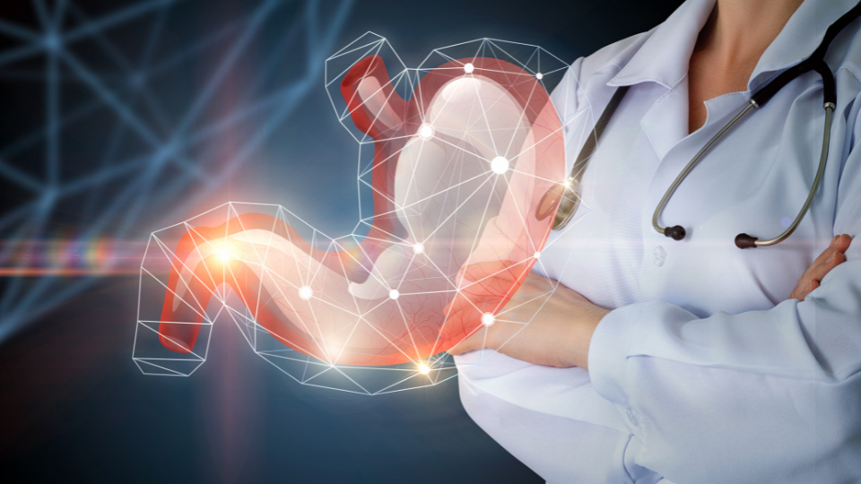 Bladder illustration with doctor standing in the background with arms crossed