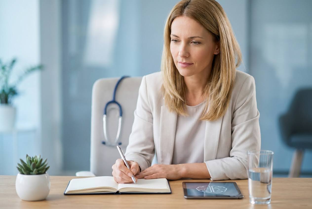 Blonde woman in a beige blazer writes in a notebook at a desk with a tablet displaying a brain icon and a stethoscope on a chair.