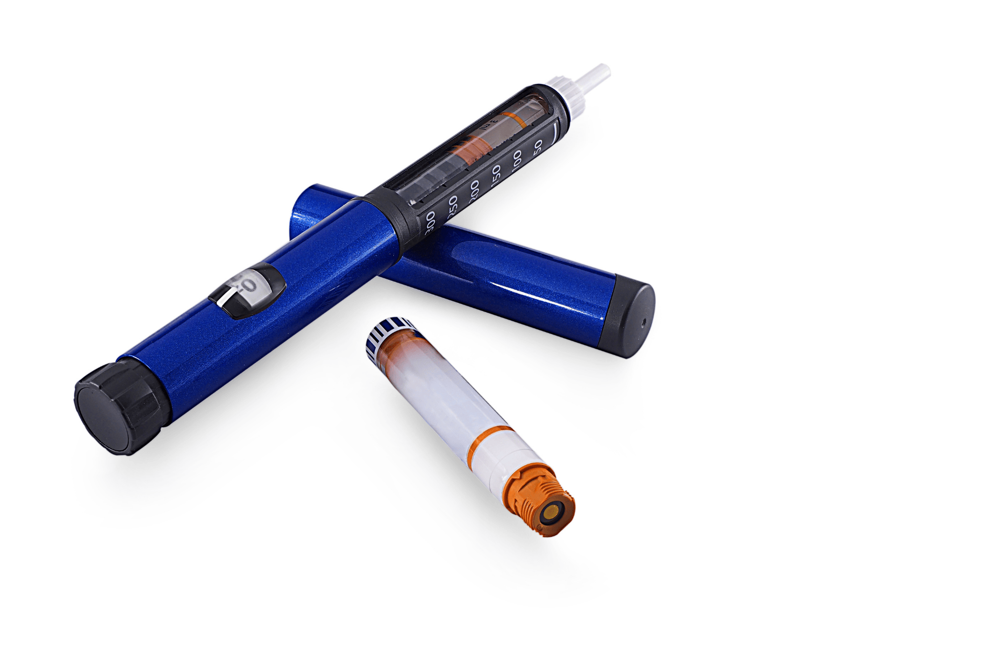 Blue insulin pens and a cartridge on a white background.