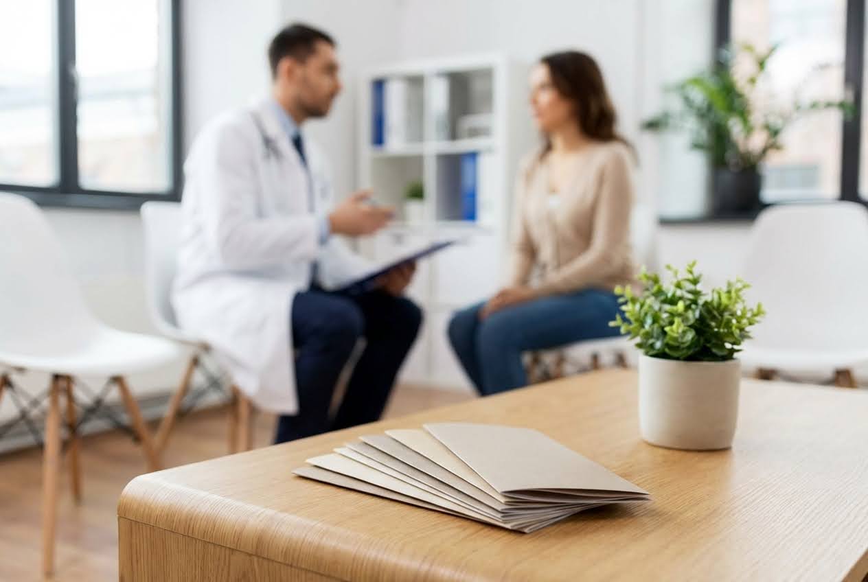 Blurred doctor and patient talking in a modern office, with medical folders and a plant on a wooden table in focus